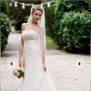 David’s Bridal  organza trumpet gown with embellished lace